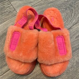 UGG Disco Slide Orange and Pink Fluffy Platform Slippers